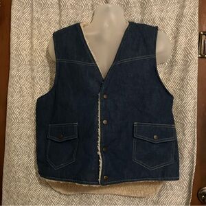 Vintage Weathercaster Sherpa & Denim Jean Chore Farm Vest Made in USA Size Large